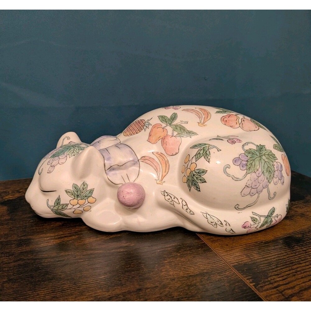 Vintage Chinoiserie Sleeping Cat Fruit Flowers Porcelain Hand Painted 9.25"
